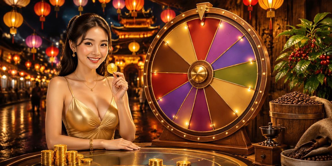 Quầy rút thăm may mắn tại Huế trong không khí lễ hội với ly cà phê thơm ngon
