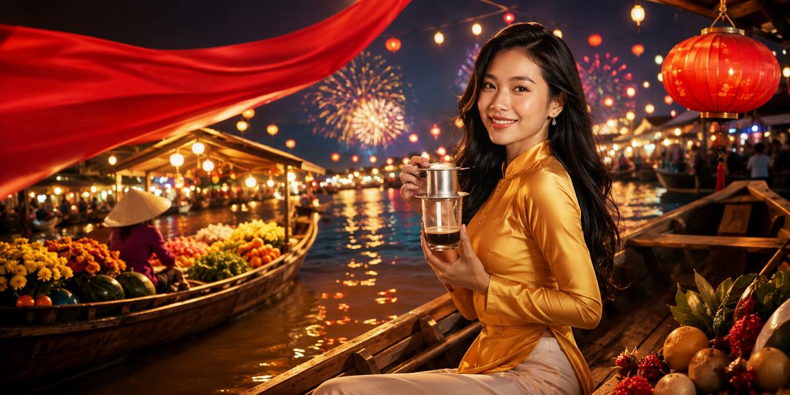 Cảnh sông Mekong buổi sáng với ly cà phê bên cạnh, biểu trưng cho cashback bonus thư giãn